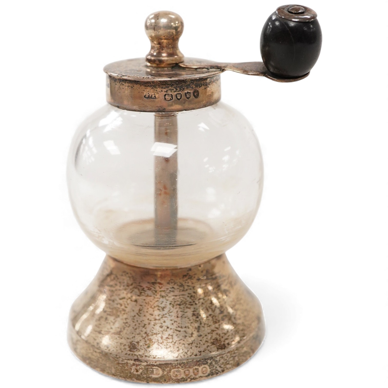 A Victorian silver mounted glass pepper mill, by Frederic Purnell, London, 1881, height 86mm.